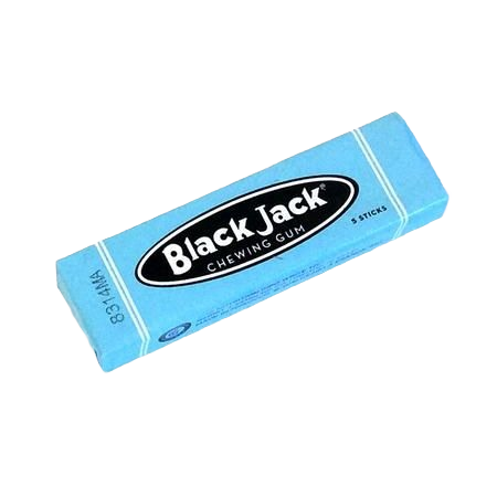 Blue pack of Black Jack chewing gum with five sticks for Candy and Food & Beverage selections