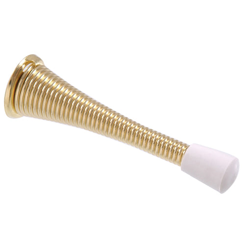 Brass spring door stop with broad base and white rubber tip for door protection in hardware and door accessories collections