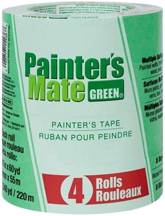 Green painter’s tape roll in package of four for surface protection in paint supplies and taping projects