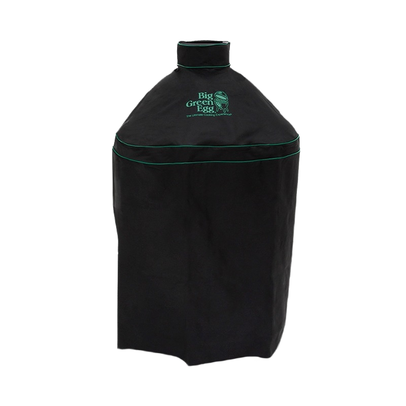 Black ventilated protective cover with green trim and logo for outdoor grilling accessories and lawn care products