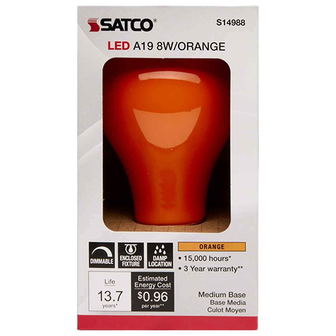 Satco orange LED A19 light bulb with medium base for decorative lighting in electrical and home improvement collections