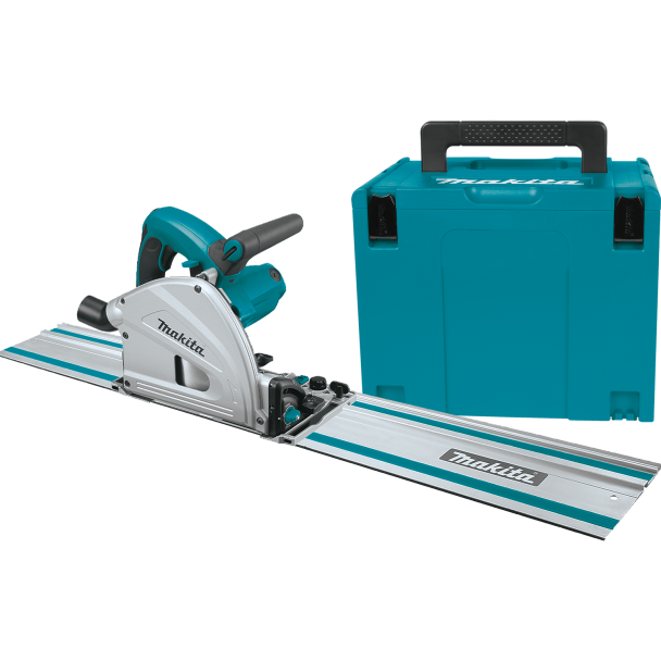 Plunge circular saw in teal and silver with 55-inch guide rail and matching hard carrying case for tools and home improvement projects