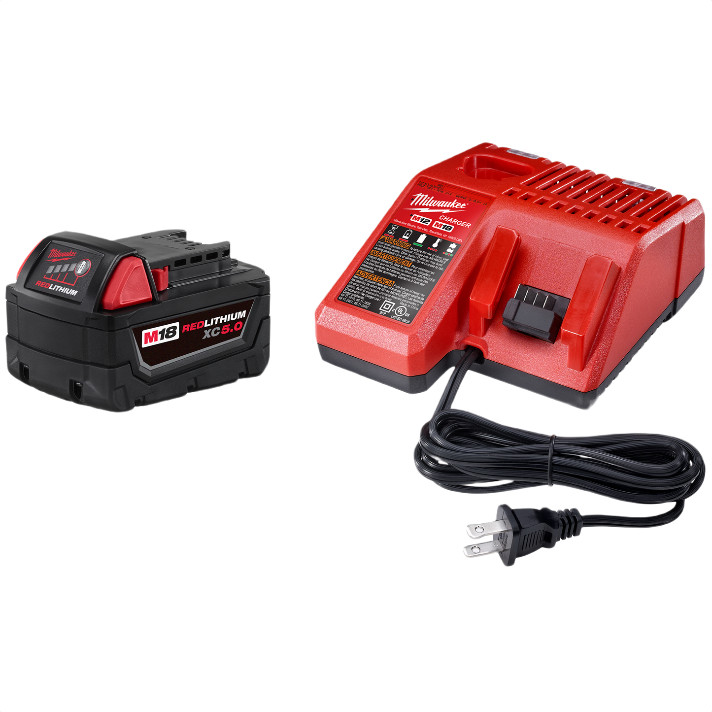Compact red battery charger and black M18 REDLITHIUM XC5.0 lithium-ion battery for tools and home improvement tasks