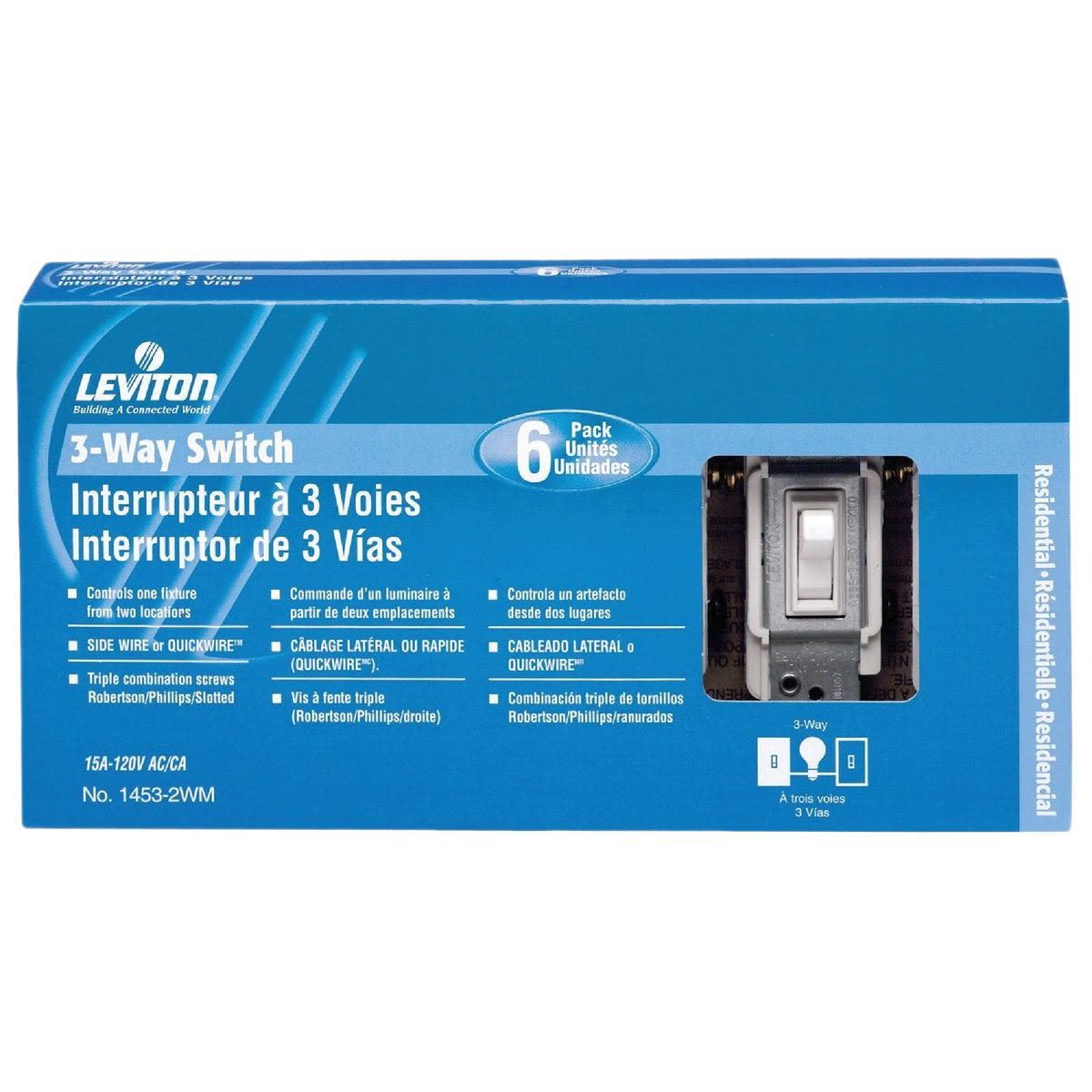 White toggle 15A 3-way switch 6-pack in blue retail box for electrical and home improvement projects