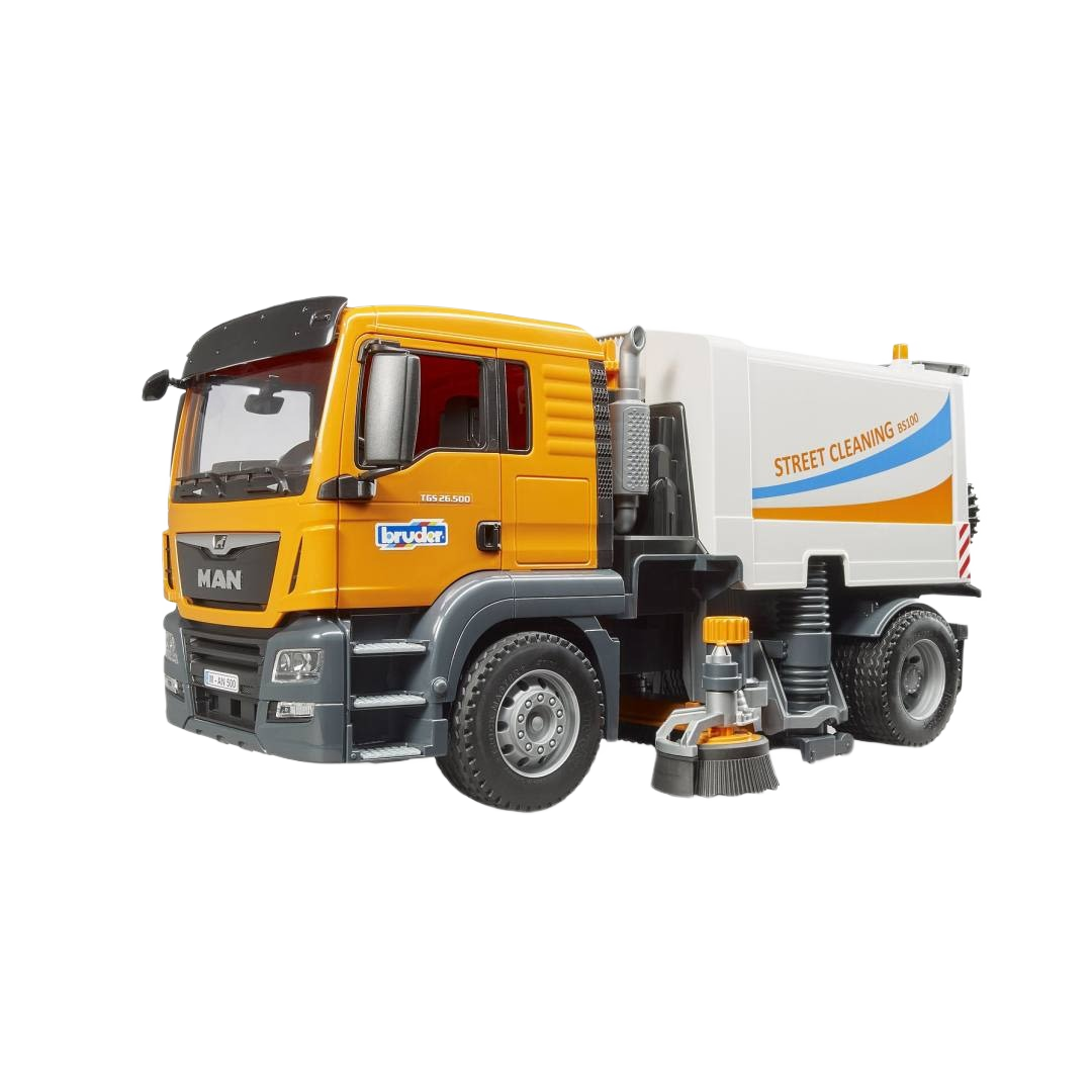 Detailed yellow and gray street sweeper toy model with rotating brushes in Bruder Toys and Vehicles collections