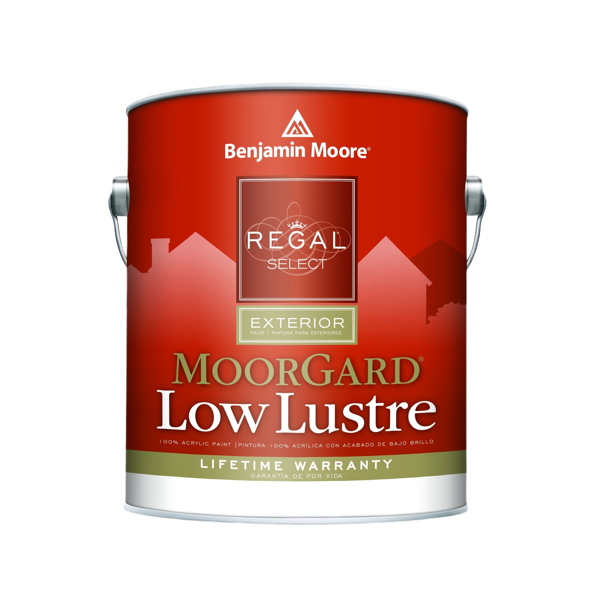 Red one-gallon can of exterior low lustre paint for walls and doors in home improvement and exterior paint collections