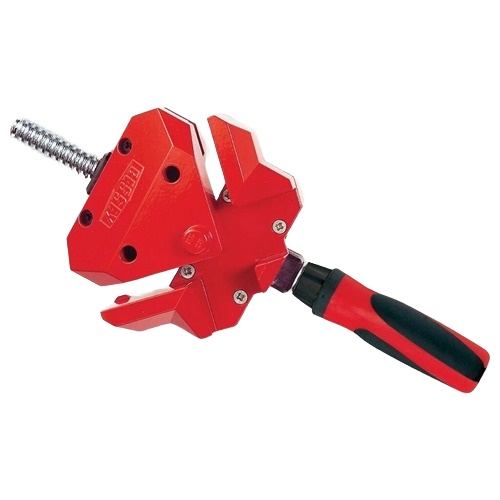 Red and black metal 90 degree angle clamp with ergonomic handle for home improvement and woodworking tasks