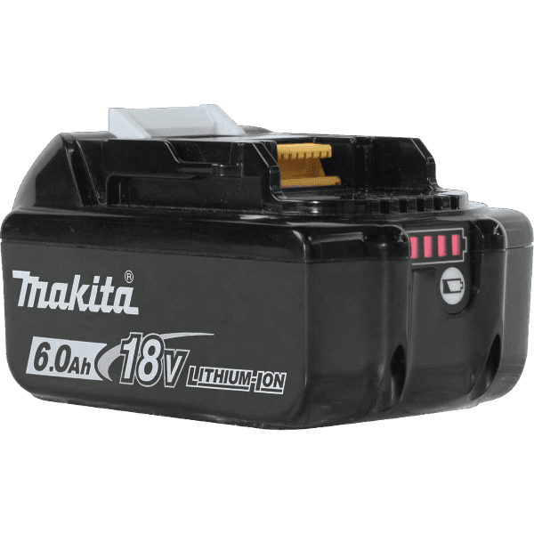 Black Makita 18V 6.0Ah lithium-ion battery with LED charge level for power tool accessories and home improvement tasks