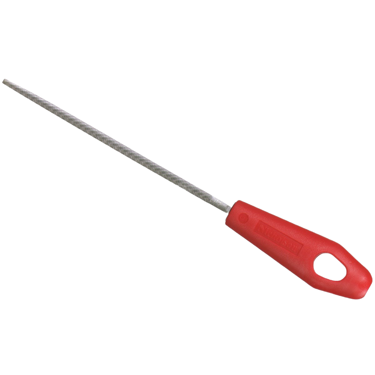 Round bastard file with textured steel blade and red ergonomic handle for tools and home improvement tasks