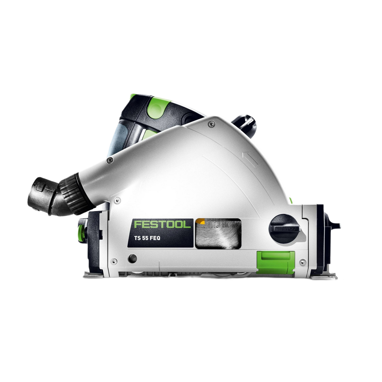 Silver and green plunge-cut track saw with ergonomic handle and adjustable depth control for precise woodworking cuts