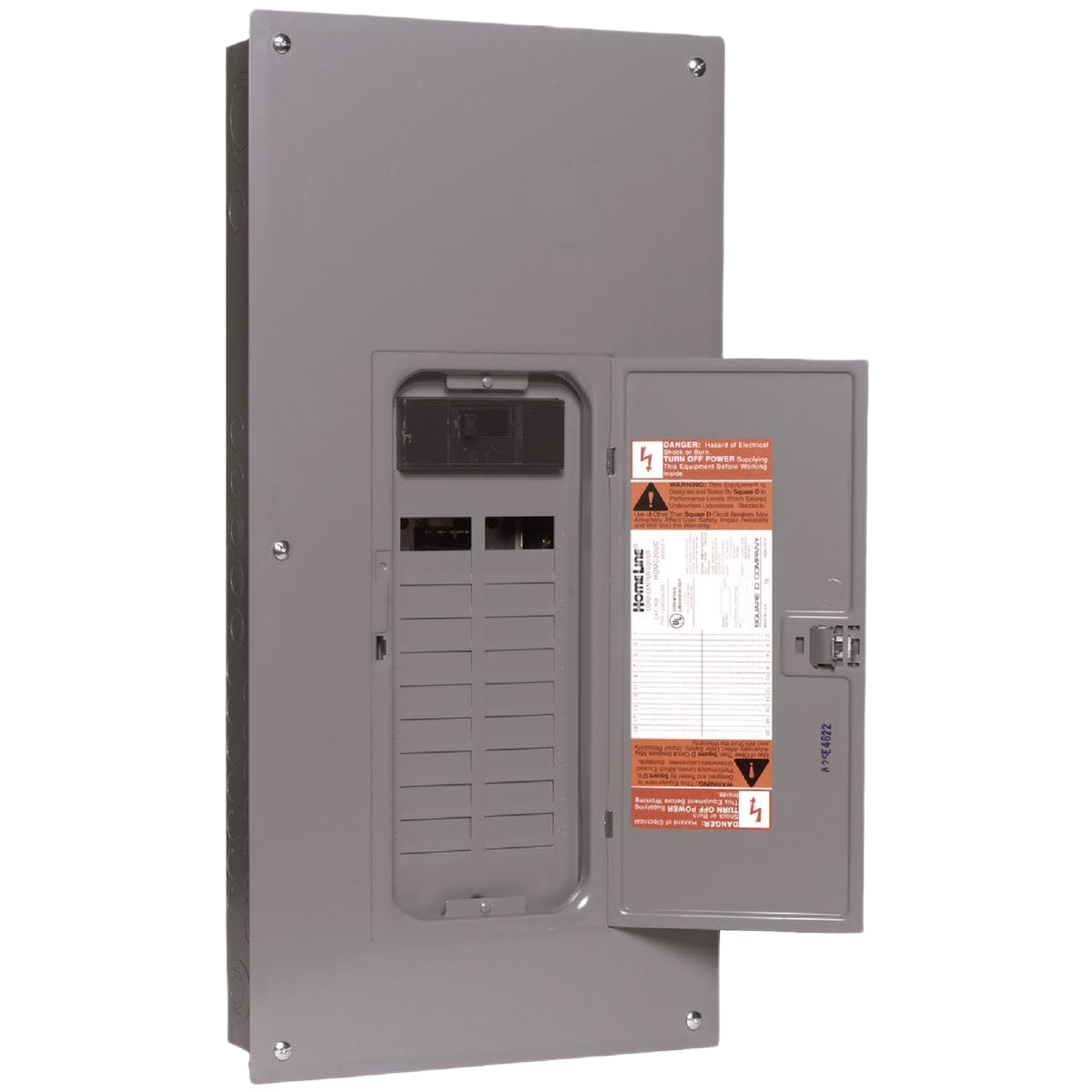 Gray electrical main breaker load center with open door for residential and commercial electrical panel installation