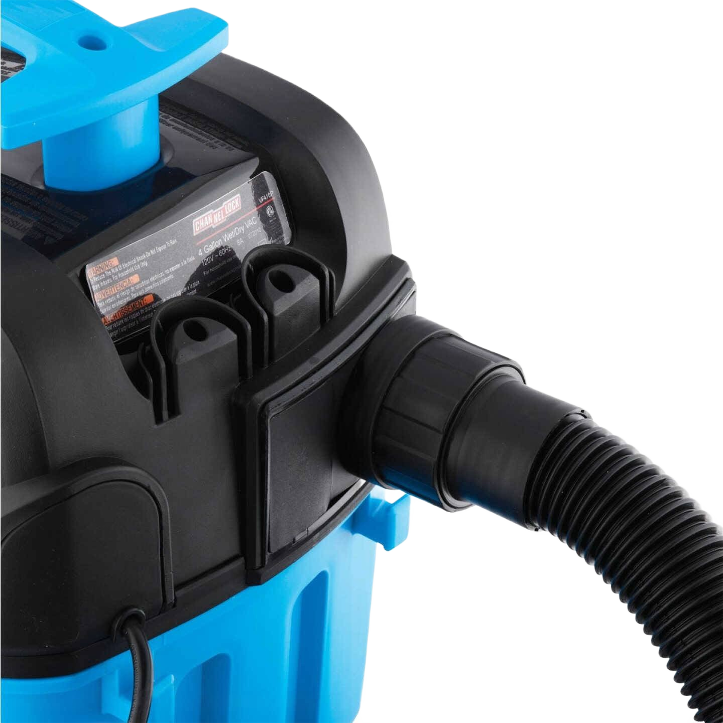 Blue and black contractor-grade wet/dry vacuum with hose attachment for versatile tools and home improvement tasks
