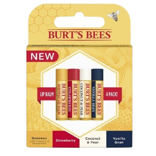 Set of four Burt's Bees lip balms in assorted flavors including beeswax, strawberry, coconut & pear, and vanilla bean