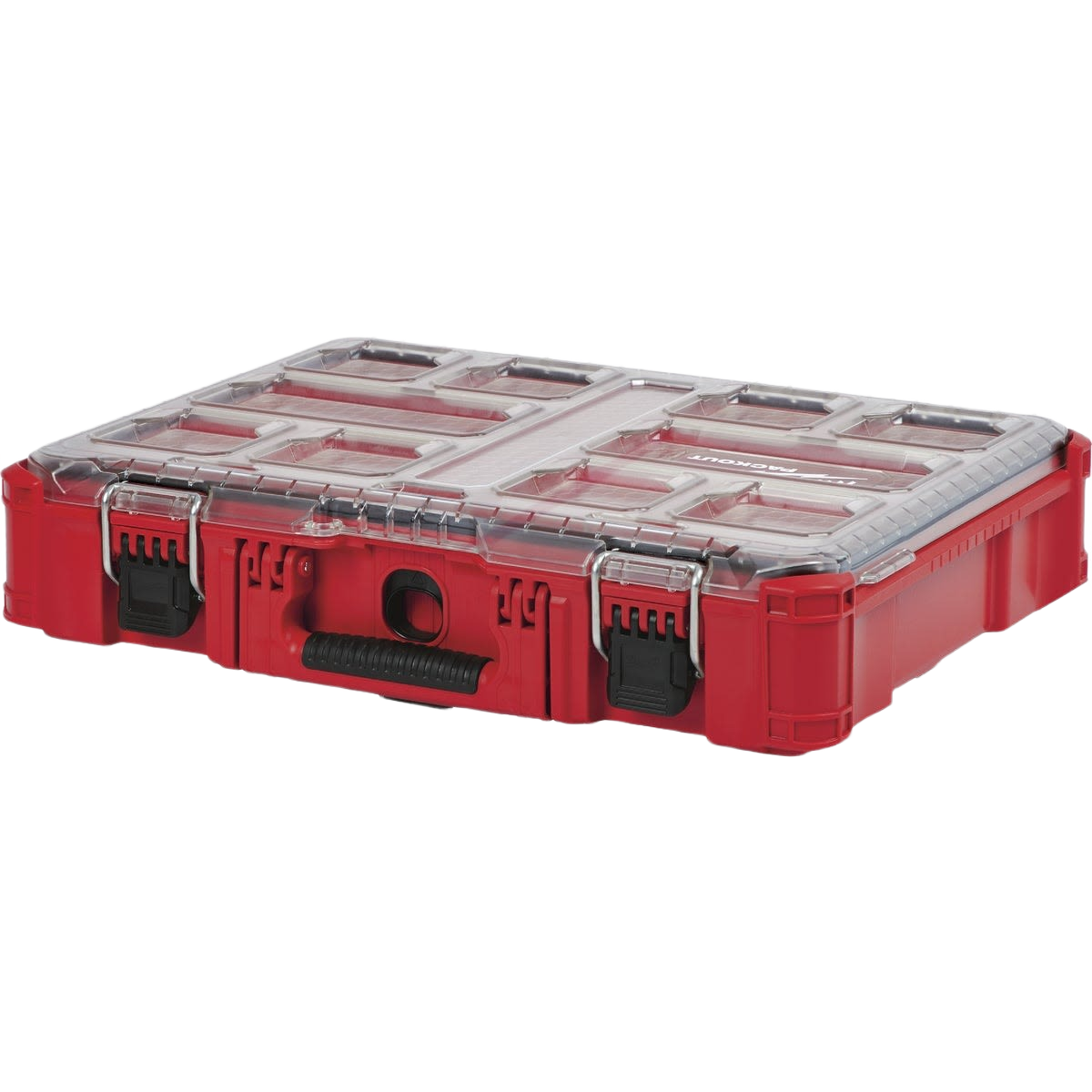 Red Milwaukee PACKOUT small parts organizer with clear impact-resistant lid for workshop and tool storage under $100
