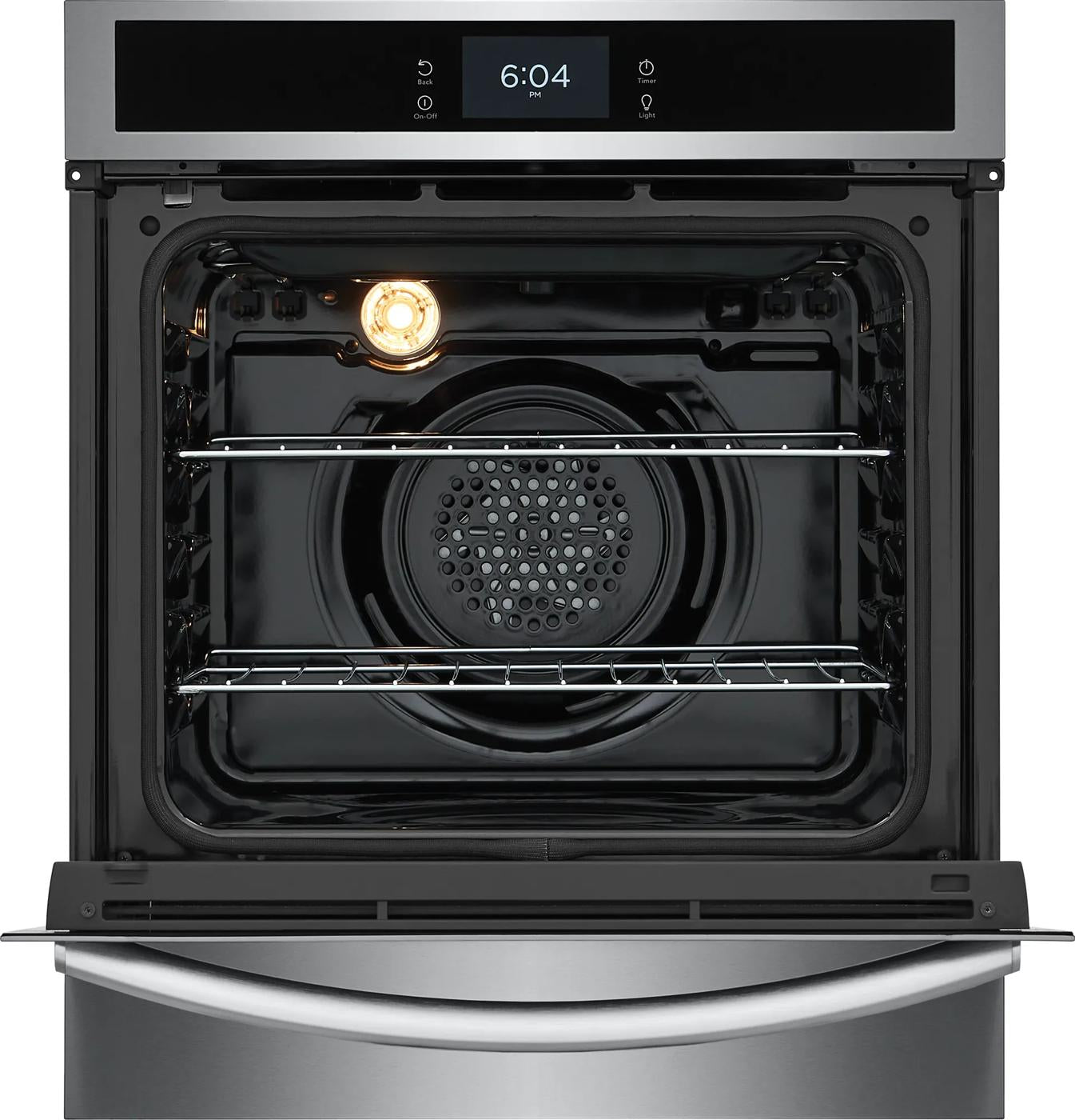 Open stainless steel single electric oven with visible convection fan and digital control panel in Wall Ovens at Hartville Hardware