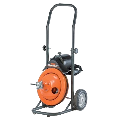 Compact pipe cleaning machine with orange drum and black frame on wheels, designed for plumbing and rental use at Hartville Hardware.