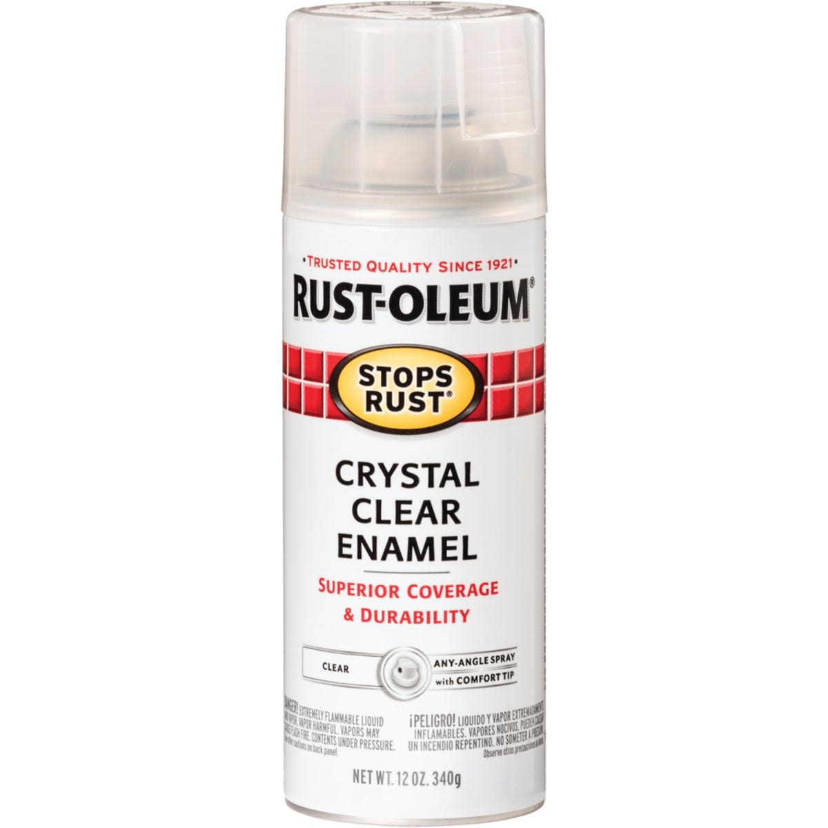 Clear enamel spray can with red and black label for protective coating in tools and home improvement projects