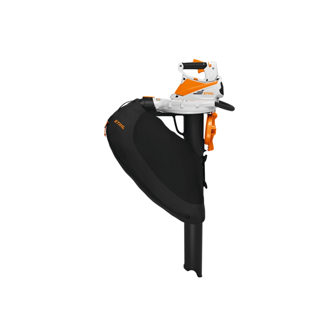 Cordless garden vacuum and shredder with ergonomic handle and black collection bag for outdoor home improvement tasks