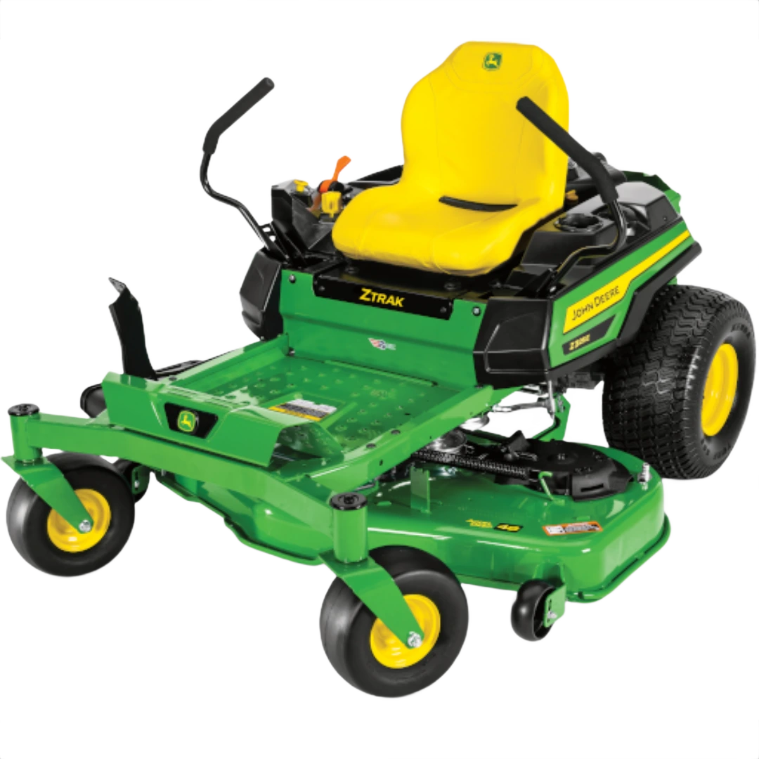 Green and yellow zero-turn riding lawn mower with 48-inch deck for home improvement and lawn care tasks