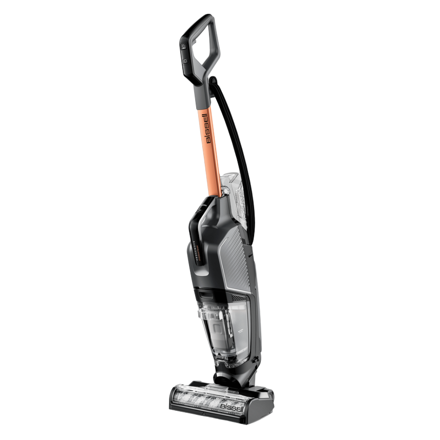 Sleek upright multi-surface vacuum with transparent water tanks and ergonomic handle for convenient home cleaning tasks