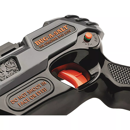 Close-up of black Bug-A-Salt 3.0 insect control device with safety button and textured ergonomic grip under $50 collection