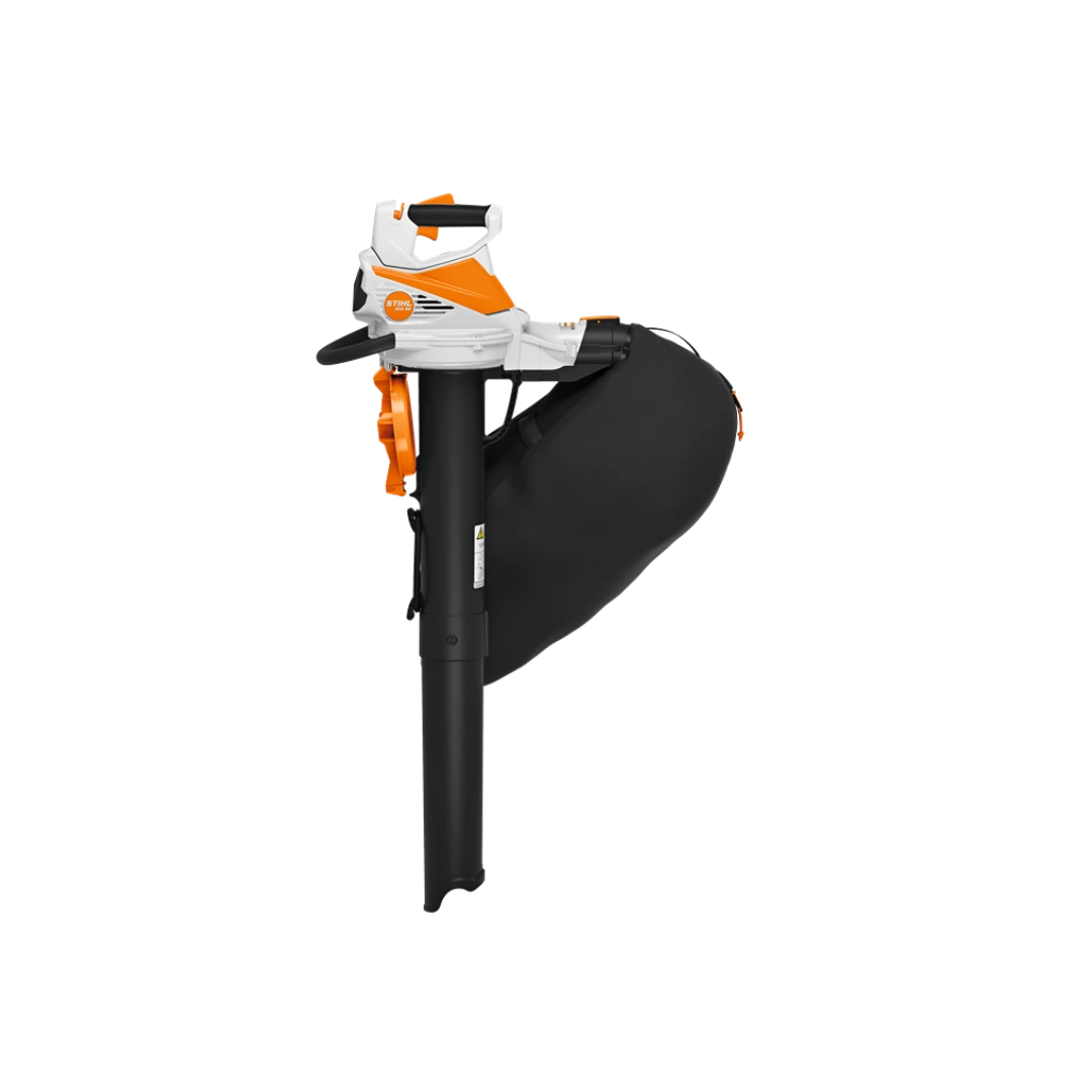 Battery-powered garden shredder vac with ergonomic white and orange handle and black collection bag for outdoor use