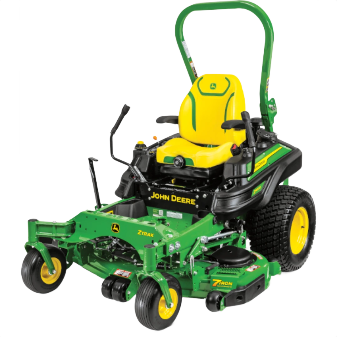 Green and yellow zero-turn riding mower with comfortable seat and 60-inch cutting deck for lawn care tasks