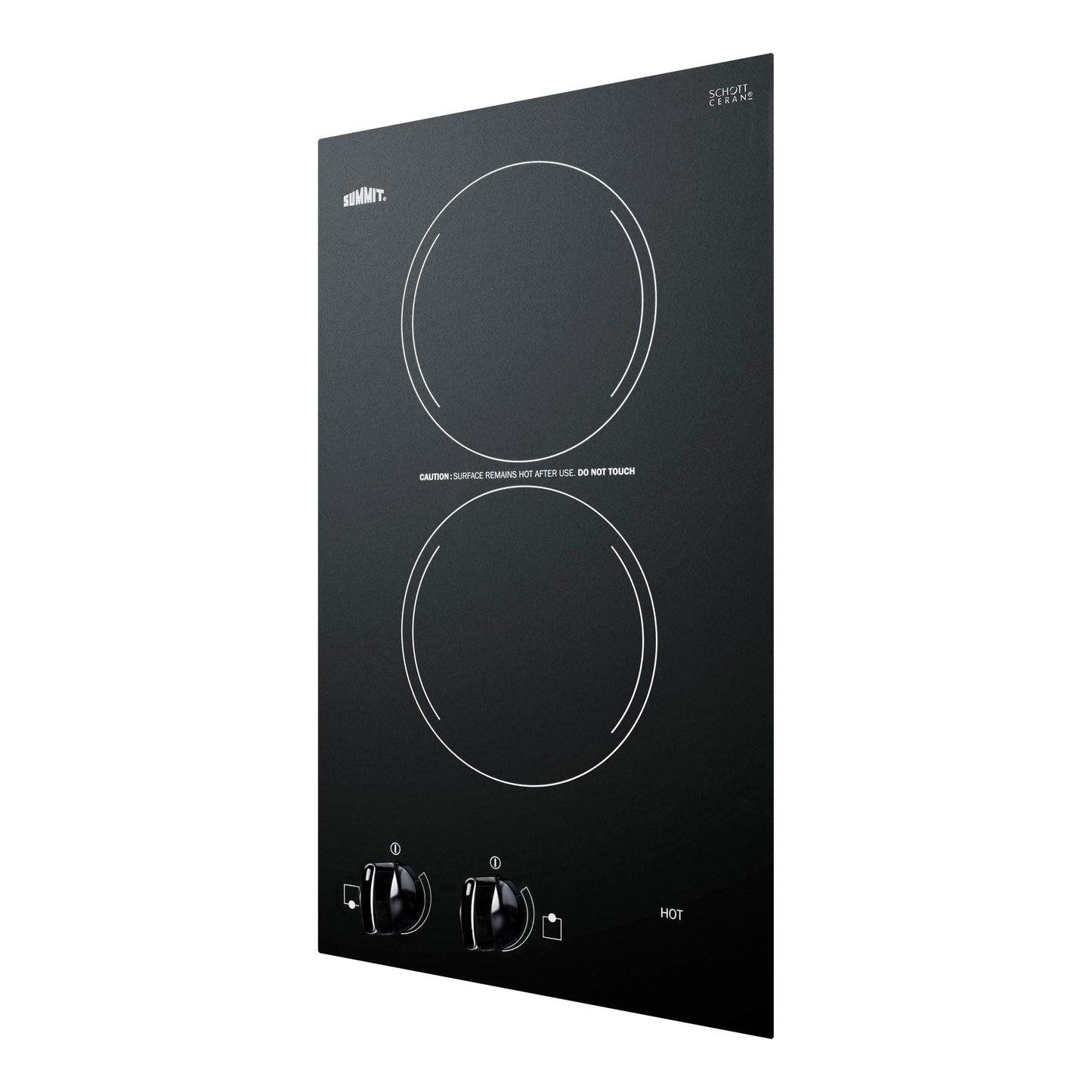 Black radiant cooktop with two circular burners and two control knobs for home improvement cooking tasks