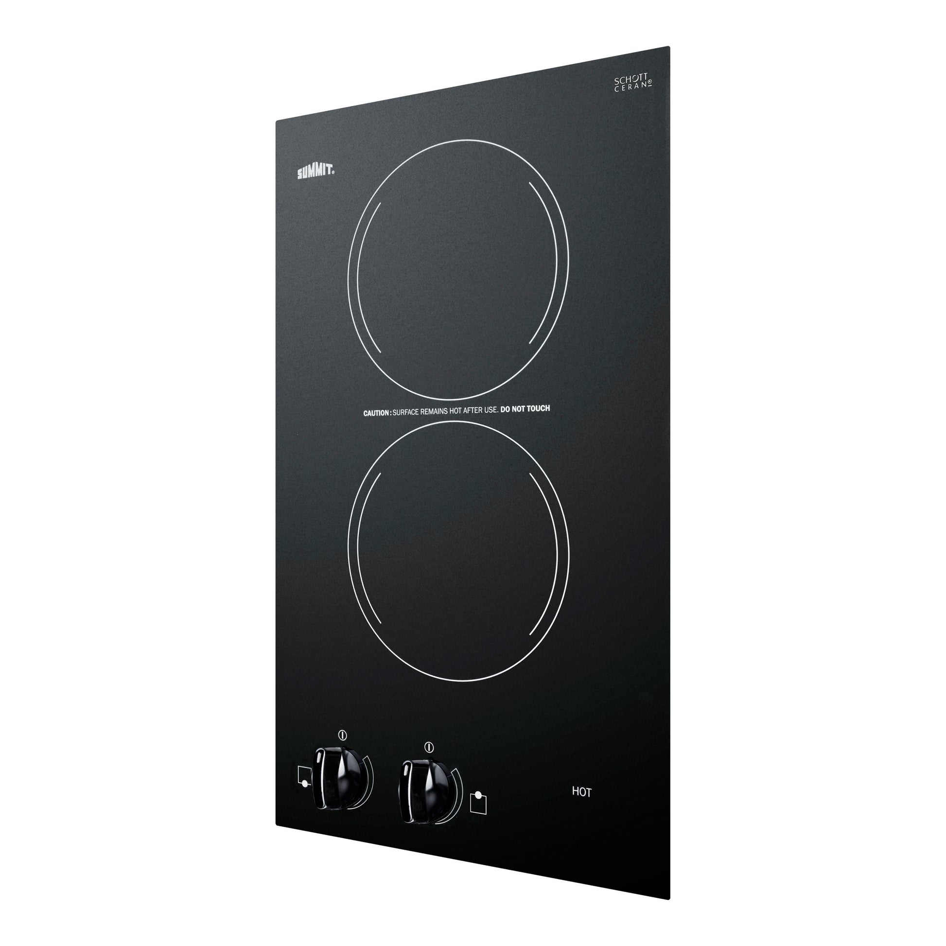Black radiant cooktop with two circular burners and two control knobs for home improvement cooking tasks