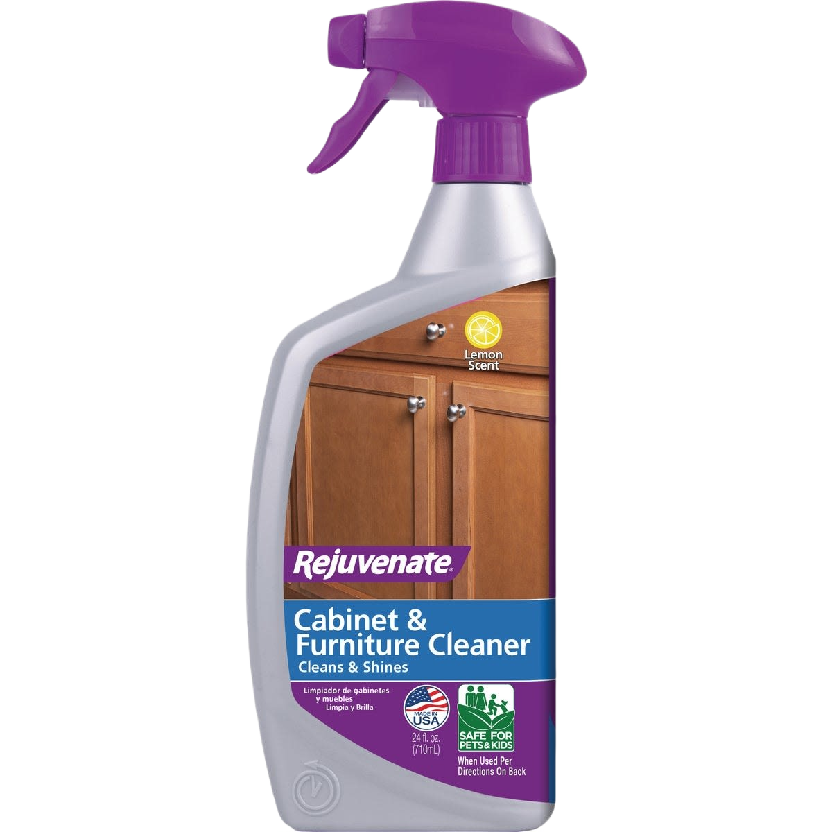 Spray bottle of Rejuvenate furniture cleaner with lemon scent for cleaning and shining cabinets in home improvement supplies