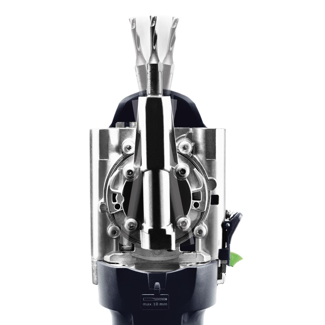 Close-up view of the precision cutting head of a Festool 578544 DOMINO Joiner, highlighting its metal components and adjustment mechanisms for woodworking projects in power tools collection.