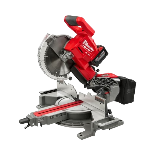 Red and gray cordless sliding compound miter saw with dual bevel and dust collection for power tool and home improvement use