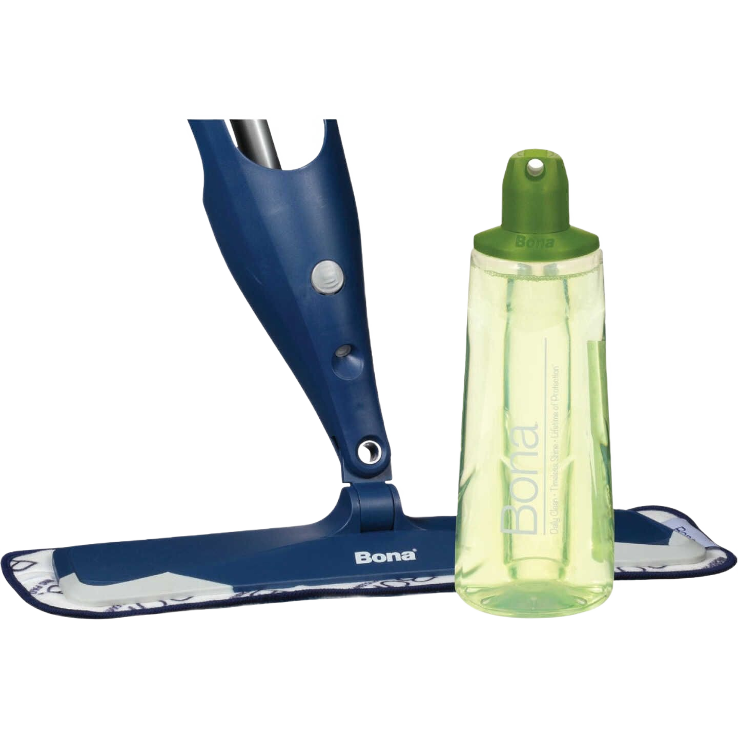 Blue spray mop with microfiber pad and green refill spray bottle for stone, tile, and laminate floor care in home improvement.