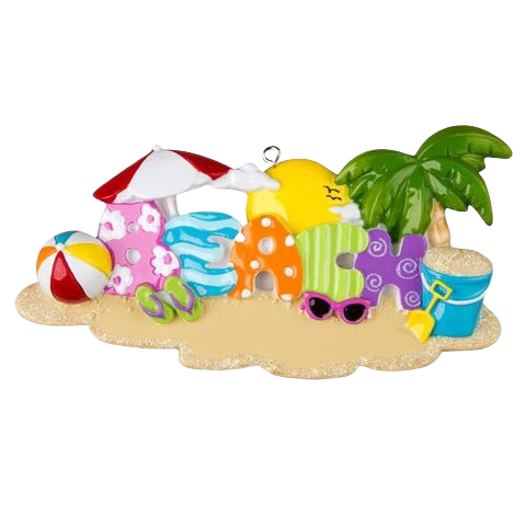 Colorful personalized beach-themed Christmas ornament with sand, palm tree, and summer accessories under $50 collection