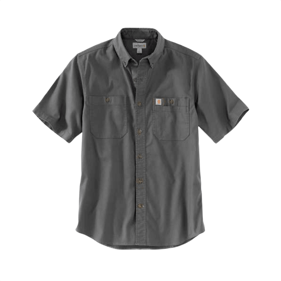 Men's rugged flex canvas short sleeve shirt in gravel gray with button-down collar and dual chest pockets