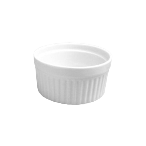 White porcelain ramekin with fluted exterior rim, ideal for baking and serving individual soufflés or desserts