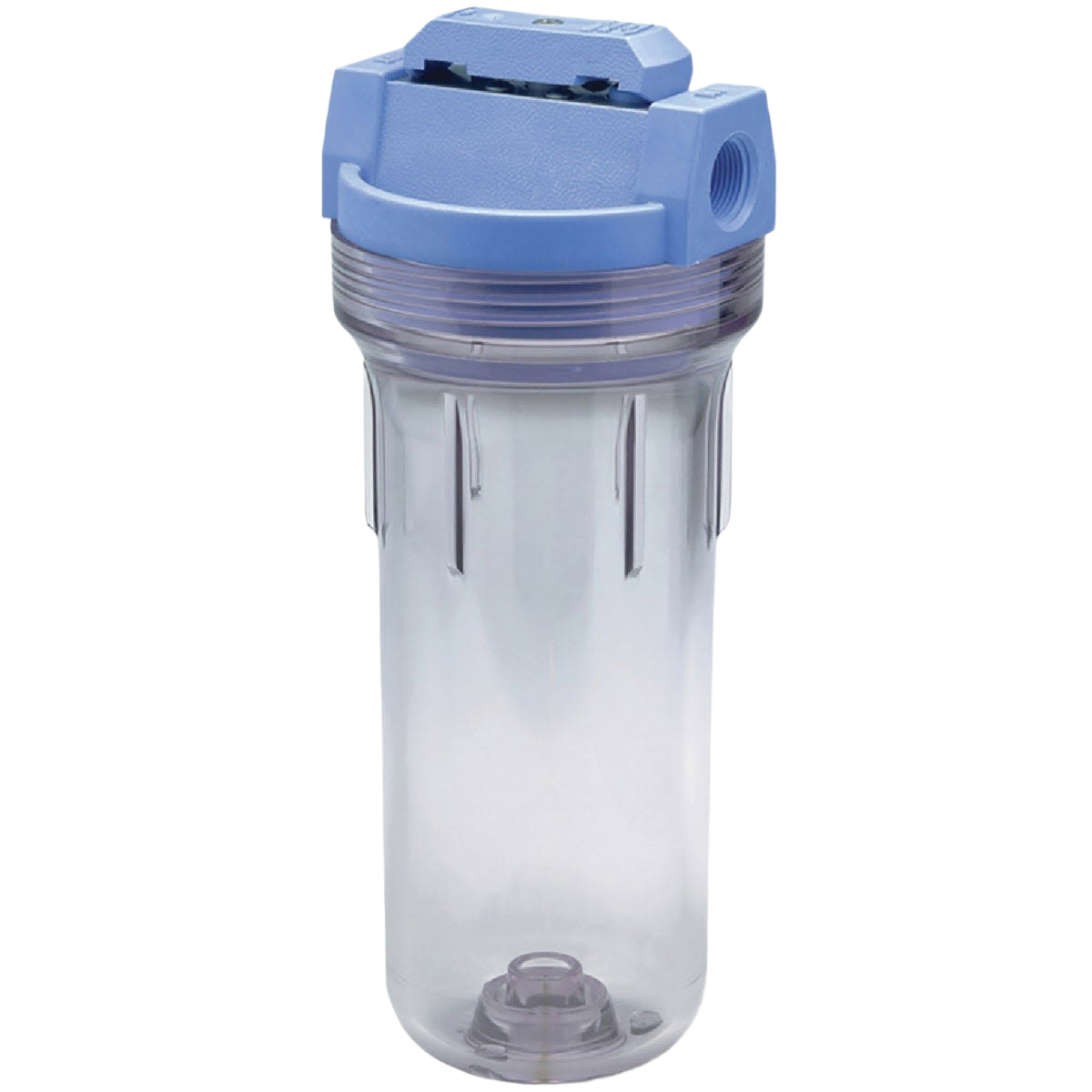 Transparent water filter housing with blue top designed for standard-duty filtration in home improvement projects
