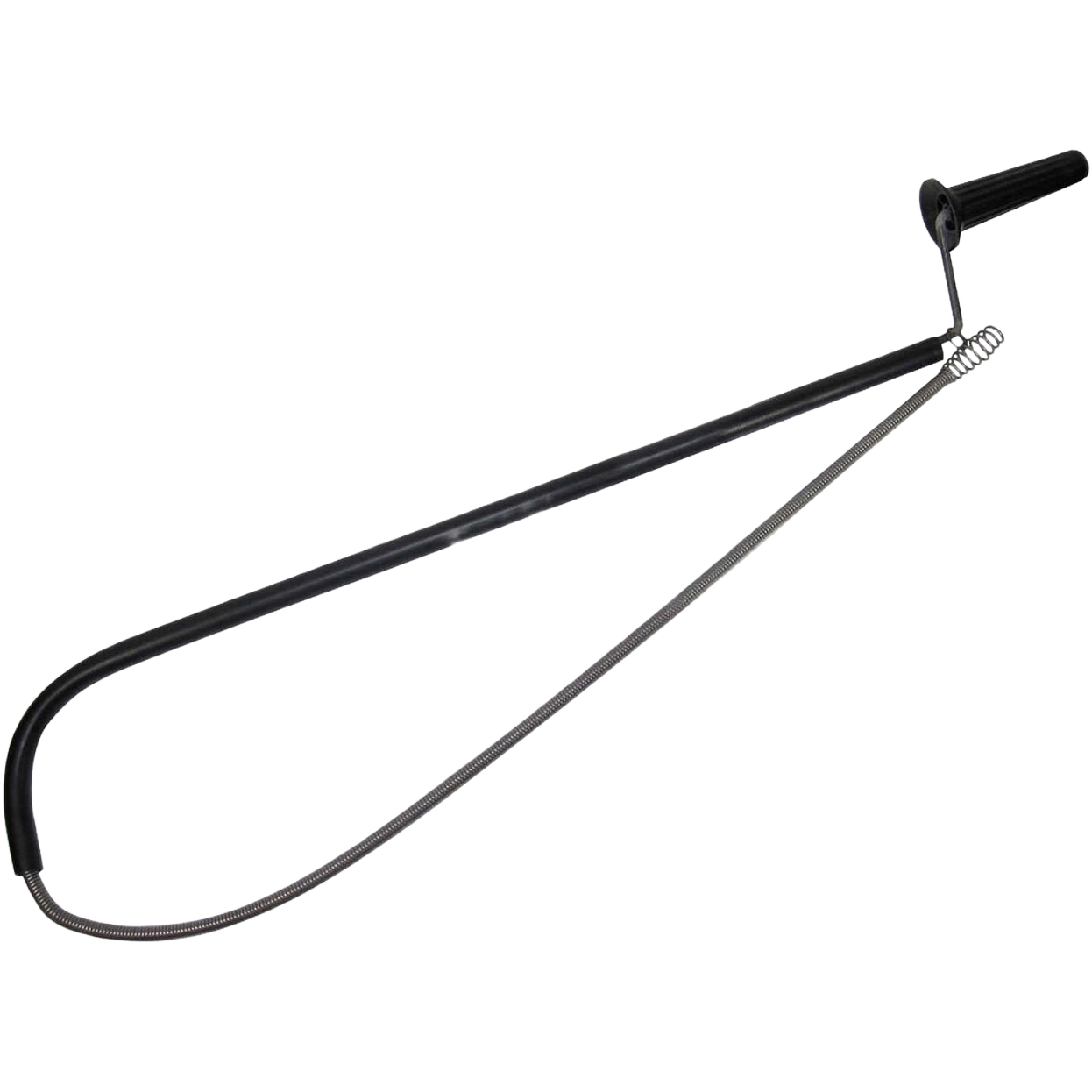Plumber’s toilet auger tool with black handle and flexible metal cable for home improvement use