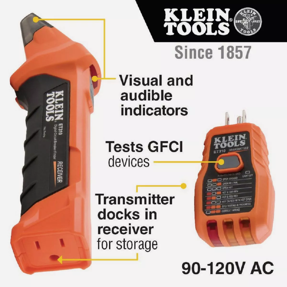 Orange and black Klein Tools circuit breaker finder with GFCI tester and docking transmitter for tools and home improvement tasks