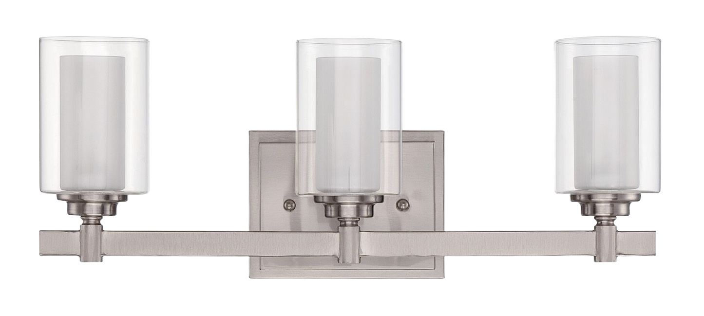 Three-light brushed nickel vanity fixture with clear glass shades for modern bathroom wall lighting and home improvement