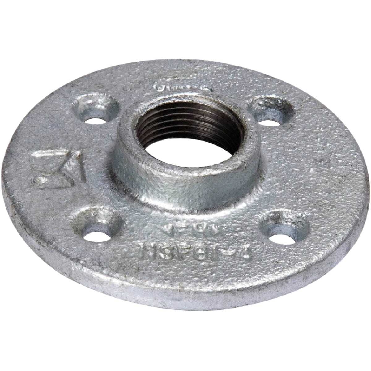 Galvanized iron floor flange with threaded center and four mounting holes for durable home improvement projects