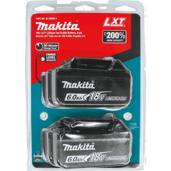 Two-pack of Makita black 18V 6.0Ah lithium-ion batteries for power tool accessories and home improvement