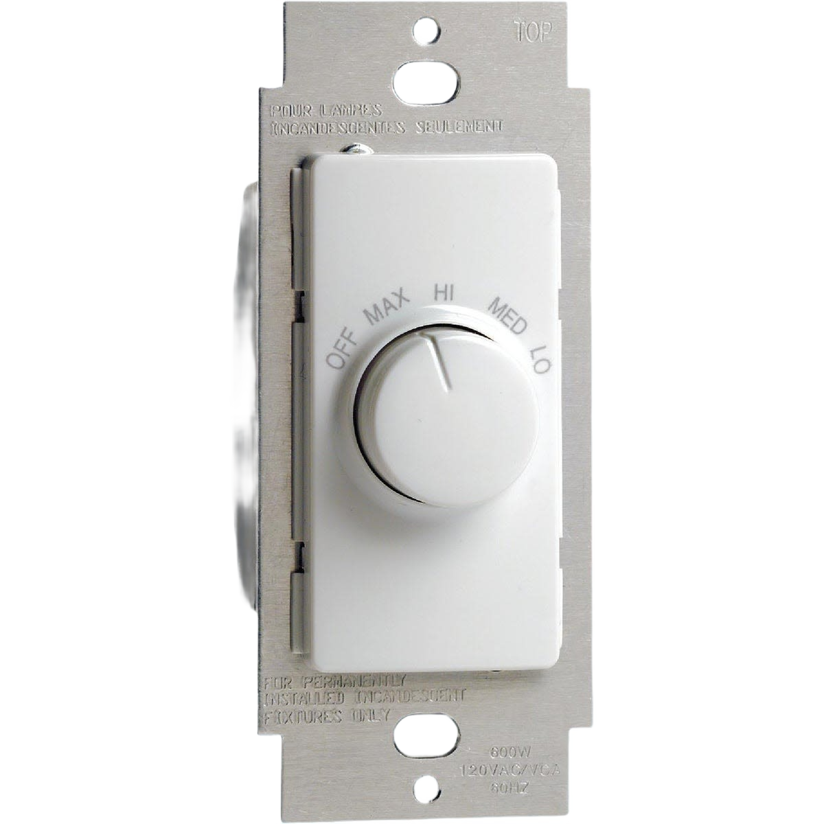 White 4-speed rotary fan control switch with labeled dial for adjusting fan speed from off to max in home improvement projects