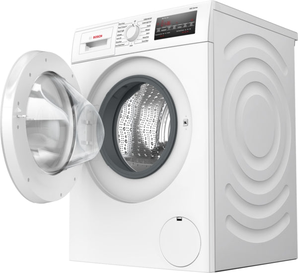 White compact front-load washer with open door revealing stainless steel drum and control panel in washers collection