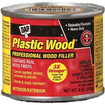 Metal can of red and yellow labeled plastic wood filler with professional grade for home improvement use