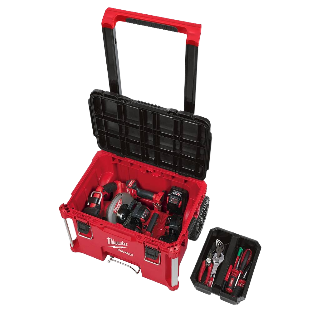 Red and black Milwaukee PACKOUT durable rolling tool box with extension handle, impact-resistant design for workshop organization and jobsite storage