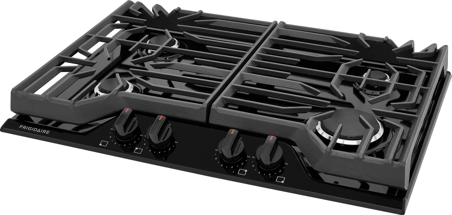 Black 30-inch gas cooktop with four burners and continuous edge-to-edge grates for kitchen and home improvement collections