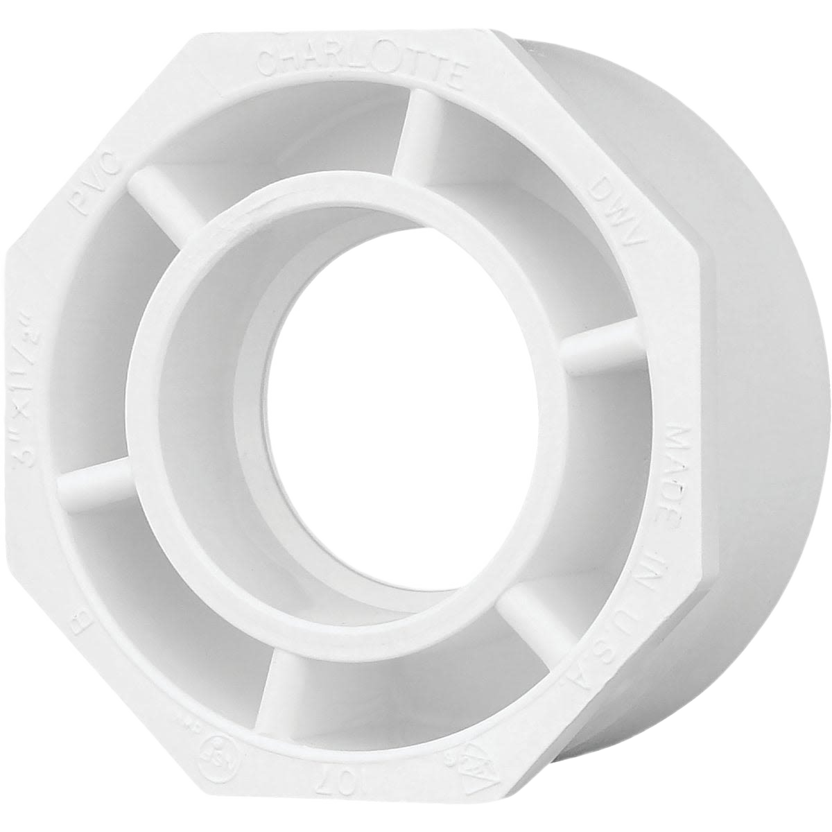Durable white PVC flush bushing for drain, waste, and vent plumbing in pipes and fittings collections