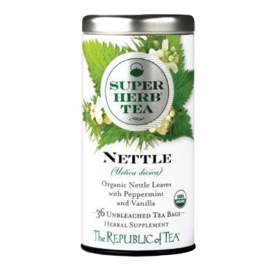 Tall tin container of organic nettle herbal tea with peppermint and vanilla flavoring, 36 unbleached bags