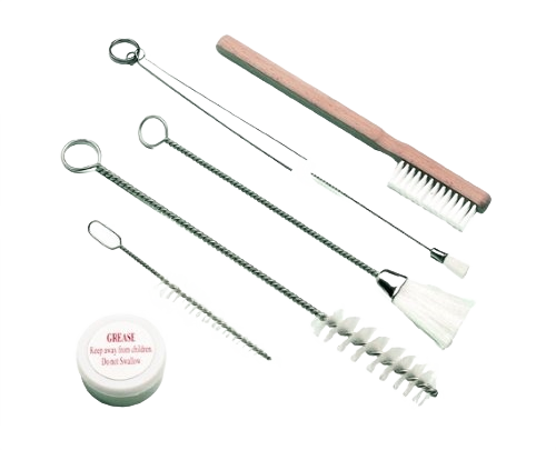 Cleaning kit with assorted brushes and grease container for spray guns in paint sprayers and home improvement tools